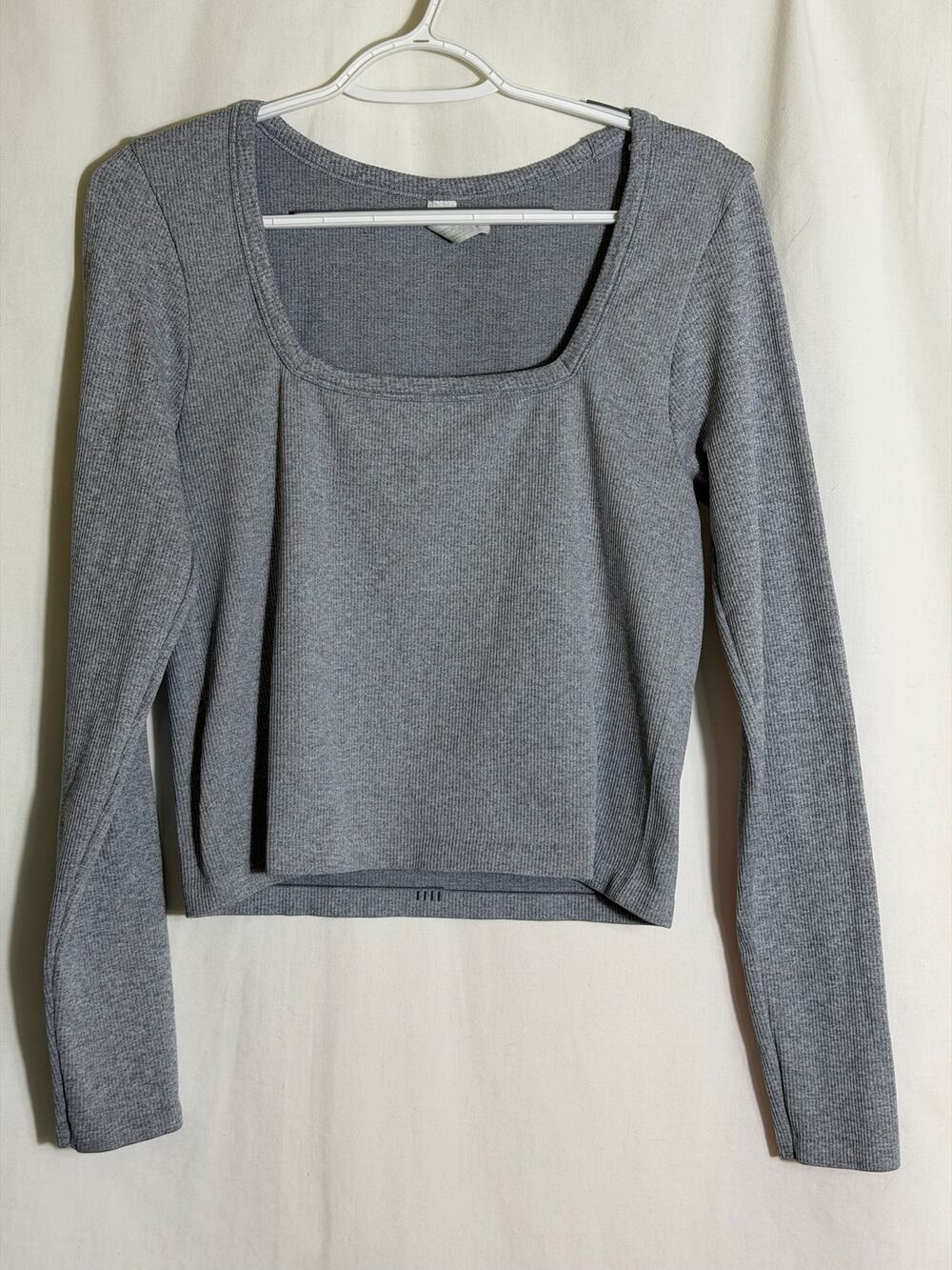 Gray Ribbed Square Neck Crop Top Women’s XL Long Sleeve Stretch Casual Shirt